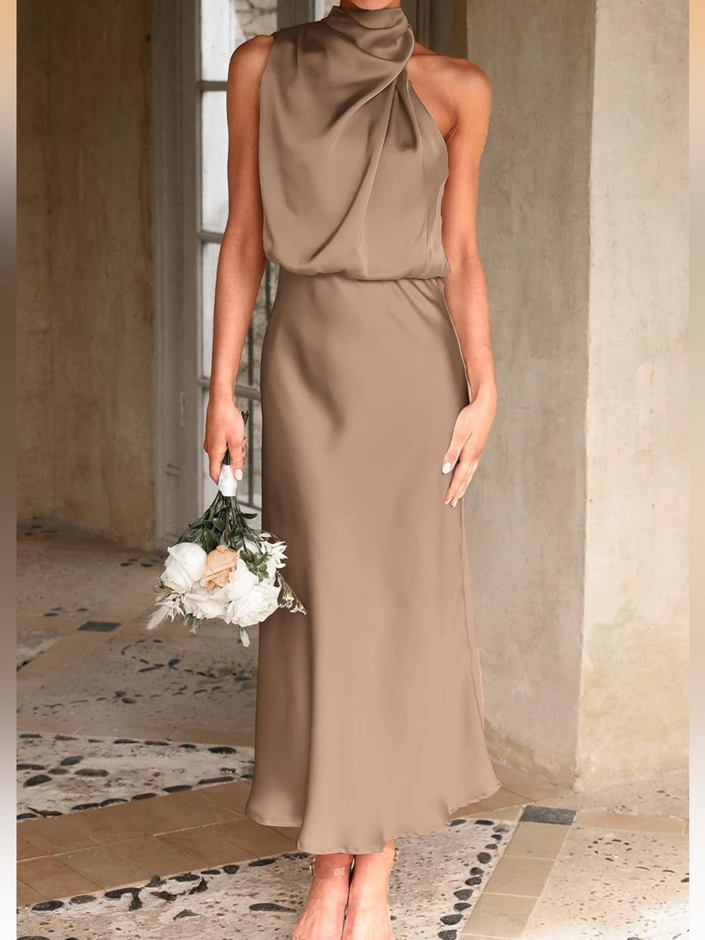 Champagne satin maxi cocktail dress